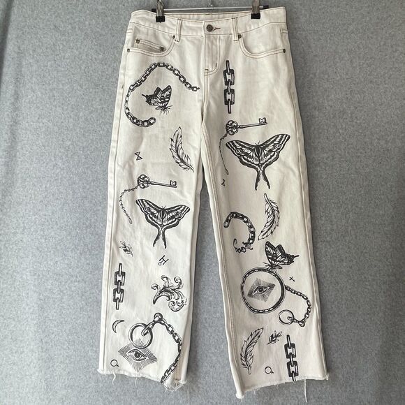 Milk It Jeans Wide Leg Ivory Black Goth Chain Size 26 28 - Picture 1 of 14
